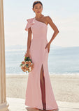 Sheath/Column One-Shoulder Sleeveless Floor-Length Stretch Crepe Bridesmaid Dresses with Bowknot Split Holly STKP0025230