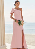 Sheath/Column One-Shoulder Sleeveless Floor-Length Stretch Crepe Bridesmaid Dresses with Bowknot Split Holly STKP0025230