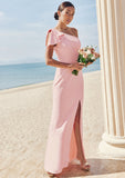 Sheath/Column One-Shoulder Sleeveless Floor-Length Stretch Crepe Bridesmaid Dresses with Bowknot Split Holly STKP0025230