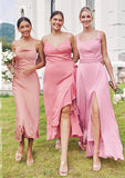 Sheath/Column Cowl Neck Sleeveless Tea-Length Stretch Satin Bridesmaid Dresses Mariana STKP0025232