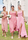 Sheath/Column Cowl Neck Sleeveless Tea-Length Stretch Satin Bridesmaid Dresses Mariana STKP0025232