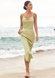 Sheath/Column V Neck Sleeveless Tea-Length Stretch Satin Bridesmaid Dresses with Pleated Split Sariah STKP0025233