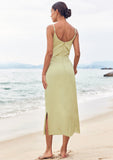 Sheath/Column V Neck Sleeveless Tea-Length Stretch Satin Bridesmaid Dresses with Pleated Split Sariah STKP0025233