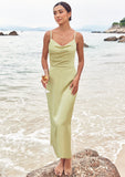 Sheath/Column V Neck Sleeveless Tea-Length Stretch Satin Bridesmaid Dresses with Pleated Split Sariah STKP0025233