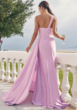 Trumpet/Mermaid One-Shoulder Sleeveless Floor-Length Jersey Bridesmaid Dresses with Pleated Side Draping Helena STKP0025234