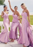 Trumpet/Mermaid One-Shoulder Sleeveless Floor-Length Jersey Bridesmaid Dresses with Pleated Side Draping Helena STKP0025234