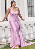 Trumpet/Mermaid One-Shoulder Sleeveless Floor-Length Jersey Plus Size Bridesmaid Dresses with Pleated Side Draping Pearl STKP0025235