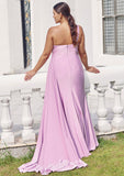 Trumpet/Mermaid One-Shoulder Sleeveless Floor-Length Jersey Plus Size Bridesmaid Dresses with Pleated Side Draping Pearl STKP0025235