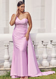 Trumpet/Mermaid One-Shoulder Sleeveless Floor-Length Jersey Plus Size Bridesmaid Dresses with Pleated Side Draping Pearl STKP0025235