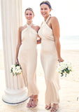 Sheath/Column Halter Sleeveless Ankle-Length Stretch Satin Bridesmaid Dresses with Bowknot Shania STKP0025236