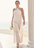 Sheath/Column Halter Sleeveless Ankle-Length Stretch Satin Plus Size Bridesmaid Dresses with Bowknot Kaylyn STKP0025237