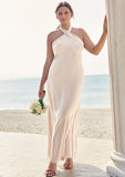 Sheath/Column Halter Sleeveless Ankle-Length Stretch Satin Plus Size Bridesmaid Dresses with Bowknot Kaylyn STKP0025237