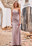 Sheath/Column One-Shoulder Sleeveless Floor-Length Stretch Satin Bridesmaid Dresses with Pleated Dixie STKP0025238