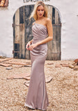 Sheath/Column One-Shoulder Sleeveless Floor-Length Stretch Satin Bridesmaid Dresses with Pleated Dixie STKP0025238