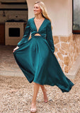 A-line V Neck Full/Long Sleeve Asymmetrical Stretch Satin Bridesmaid Dresses with Bowknot Sashes Alana STKP0025240