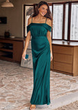 A-line Off-the-Shoulder Sleeveless Floor-Length Stretch Satin Bridesmaid Dresses with Pleated Aliyah STKP0025243