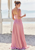 A-line V Neck Sleeveless Floor-Length Stretch Satin Bridesmaid Dresses with Split Madelyn STKP0025247