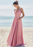 A-line V Neck Sleeveless Floor-Length Stretch Satin Bridesmaid Dresses with Split Madelyn STKP0025247