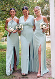 A-line Square Neckline Sleeveless Floor-Length Stretch Satin Bridesmaid Dresses with Split Anna STKP0025248