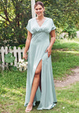 Empire V Neck Short Sleeve Floor-Length Stretch Satin Bridesmaid Dresses with Split Karla STKP0025249