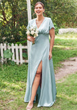 Empire V Neck Short Sleeve Floor-Length Stretch Satin Bridesmaid Dresses with Split Karla STKP0025249