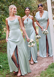 Empire V Neck Short Sleeve Floor-Length Stretch Satin Bridesmaid Dresses with Split Karla STKP0025249