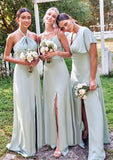 Empire V Neck Short Sleeve Floor-Length Stretch Satin Bridesmaid Dresses with Split Karla STKP0025249