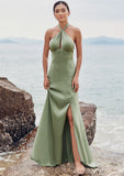 A-line Halter Sleeveless Floor-Length Stretch Satin Bridesmaid Dresses with Split Brielle STKP0025250