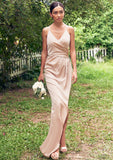 Sheath/Column V Neck Sleeveless Asymmetrical Stretch Satin Bridesmaid Dresses with Pleated Split Taylor STKP0025253