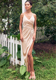 Sheath/Column V Neck Sleeveless Asymmetrical Stretch Satin Bridesmaid Dresses with Pleated Split Taylor STKP0025253