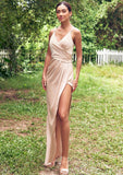 Sheath/Column V Neck Sleeveless Asymmetrical Stretch Satin Bridesmaid Dresses with Pleated Split Taylor STKP0025253