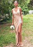 Sheath/Column V Neck Sleeveless Asymmetrical Stretch Satin Bridesmaid Dresses with Pleated Split Taylor STKP0025253