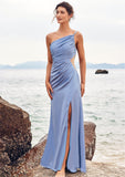 Trumpet/Mermaid One-Shoulder Sleeveless Floor-Length Stretch Satin Bridesmaid Dresses with Pleated Split Ximena STKP0025254