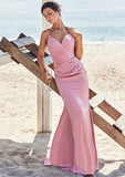 Trumpet/Mermaid V Neck Sleeveless Floor-Length Stretch Satin Bridesmaid Dresses with Pleated Hana STKP0025256