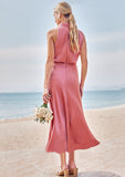 Sheath/Column High-Neck Sleeveless Tea-Length Stretch Satin Bridesmaid Dresses with Pleated Tamara STKP0025257