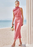 Sheath/Column High-Neck Sleeveless Tea-Length Stretch Satin Bridesmaid Dresses with Pleated Tamara STKP0025257