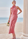 Sheath/Column High-Neck Sleeveless Tea-Length Stretch Satin Bridesmaid Dresses with Pleated Tamara STKP0025257