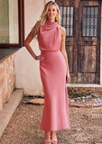 Sheath/Column High-Neck Sleeveless Tea-Length Stretch Satin Bridesmaid Dresses with Pleated Tamara STKP0025257