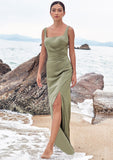 Sheath/Column Square Neckline Sleeveless Floor-Length Stretch Satin Bridesmaid Dresses with Pleated Split Kayla STKP0025258