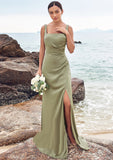 Sheath/Column Square Neckline Sleeveless Floor-Length Stretch Satin Bridesmaid Dresses with Pleated Split Kayla STKP0025258