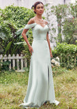 A-line V Neck Sleeveless Floor-Length Stretch Satin Bridesmaid Dresses with Split Bella STKP0025263