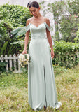 A-line V Neck Sleeveless Floor-Length Stretch Satin Bridesmaid Dresses with Split Bella STKP0025263