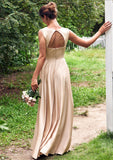 A-line V Neck Sleeveless Floor-Length Stretch Satin Bridesmaid Dresses with Pleated Mareli STKP0025266