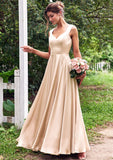 A-line V Neck Sleeveless Floor-Length Stretch Satin Bridesmaid Dresses with Pleated Mareli STKP0025266