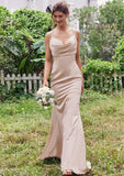 Sheath/Column V Neck Sleeveless Floor-Length Stretch Satin Bridesmaid Dresses with Pleated Dakota STKP0025267