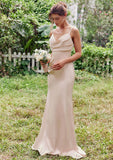 Sheath/Column V Neck Sleeveless Floor-Length Stretch Satin Bridesmaid Dresses with Pleated Dakota STKP0025267