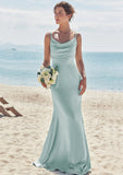 Sheath/Column V Neck Sleeveless Floor-Length Stretch Satin Bridesmaid Dresses with Pleated Alayna STKP0025268