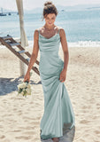 Sheath/Column V Neck Sleeveless Floor-Length Stretch Satin Bridesmaid Dresses with Pleated Alayna STKP0025268