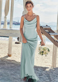 Sheath/Column V Neck Sleeveless Floor-Length Stretch Satin Bridesmaid Dresses with Pleated Alayna STKP0025268