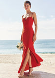 Trumpet/Mermaid V Neck Sleeveless Floor-Length Stretch Crepe Bridesmaid Dresses with Split Aileen STKP0025269